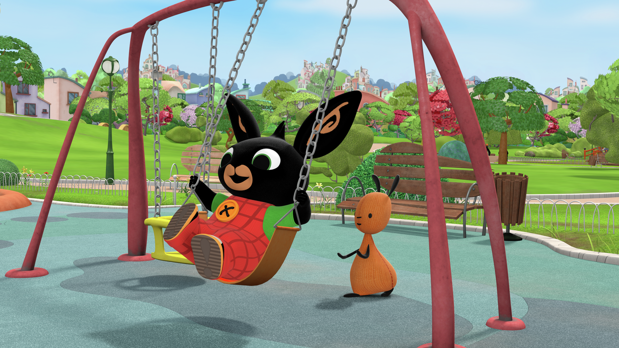 Bing and Flop play on the swing